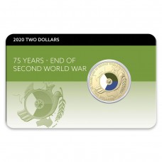 AUSTRALIA 2020 . TWO 1 DOLLARS . 75TH ANNIVERSARY OF THE END OF WWII . COIN ON CARD
